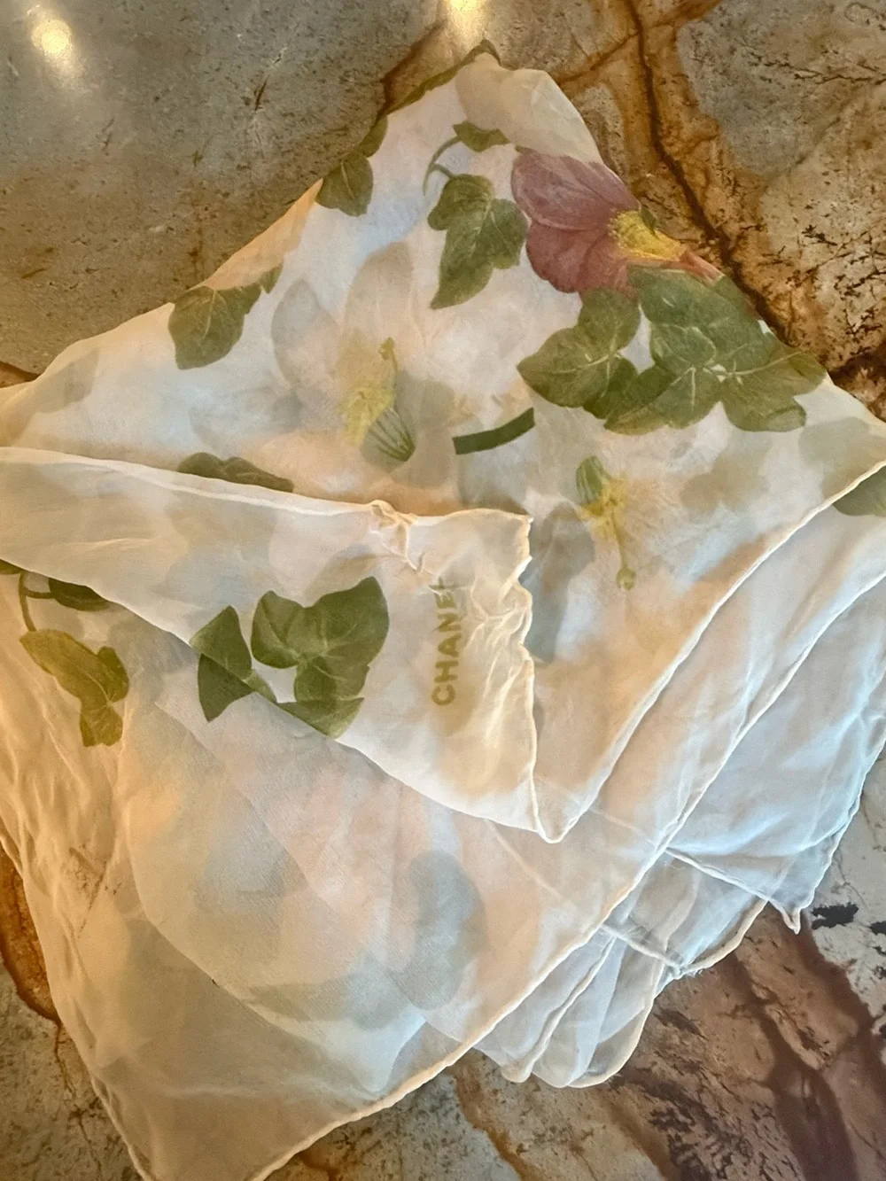 CHANEL White Silk Scarf with Green Floral Print